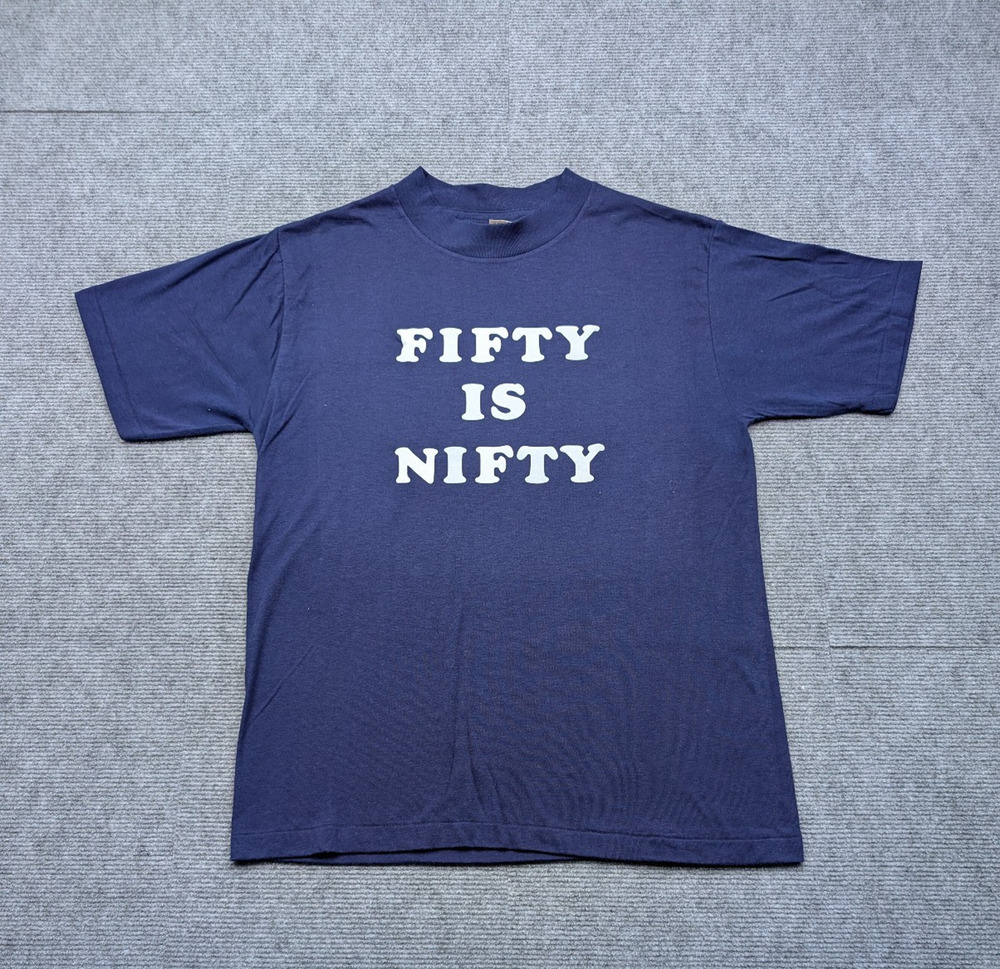 Vintage Novelty Shirt Mens Large Fifty Birthday Joke Graphic 70s Blue Retro Gag